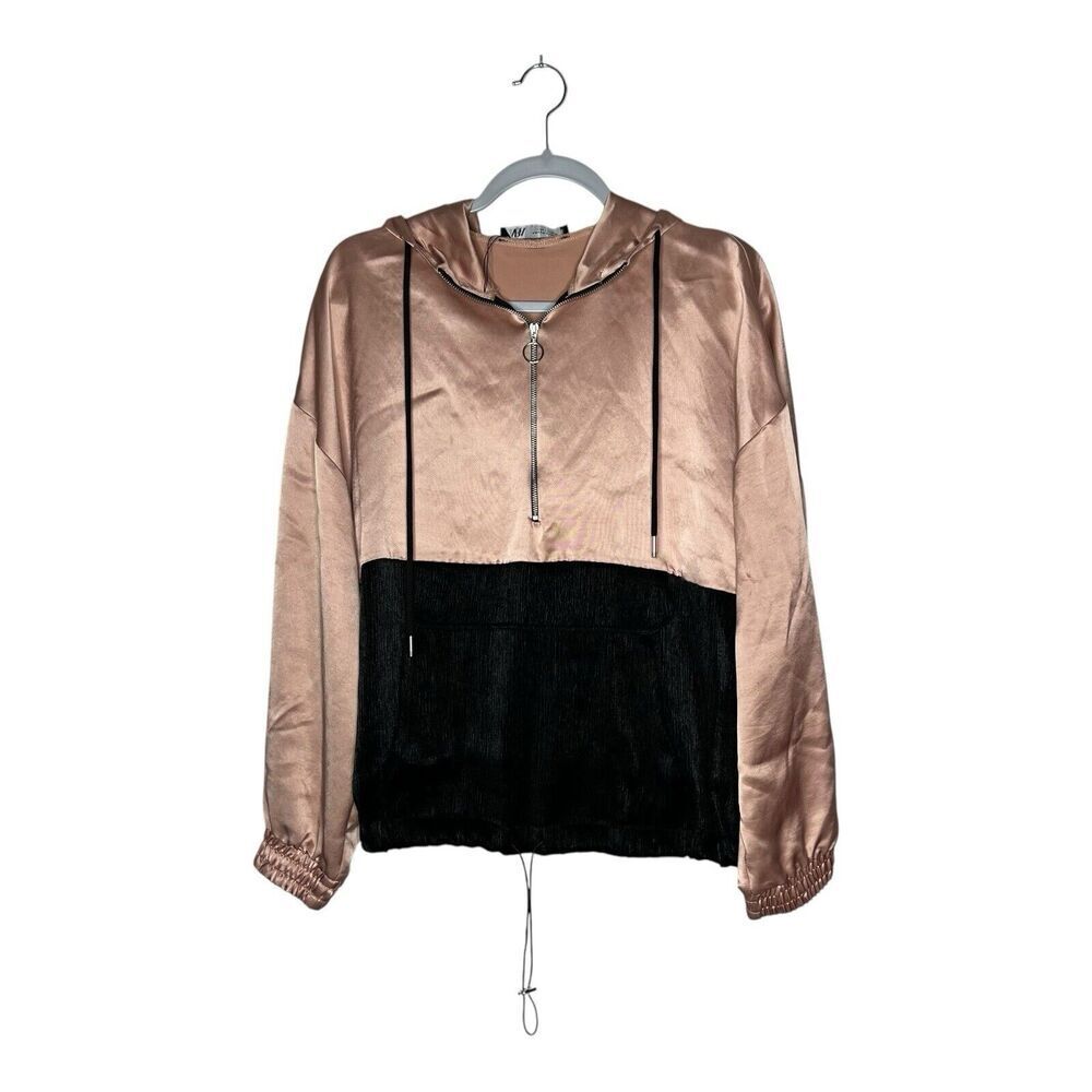 Zara Jacket Womens Medium Pink Black‎ Satin Hoodie Colorblock Pullover 1/2 Zip